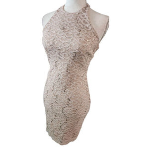 Women's B. Darlin Beige Gold Sequin Lace Mini Dress Juniors 5